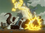 Crackler pinning down Godzilla while shocking him