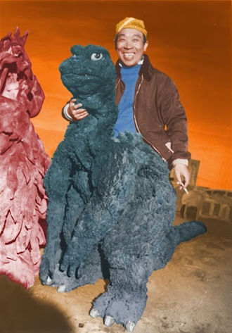 Haruo Nakajima with the SoshingekiGoji suit on the set of Godzilla vs. Hedorah