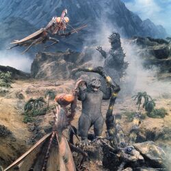 Godzilla and Minilla fend off Kumonga and the Kamacuras on Sollgel Island (Son of Godzilla)
