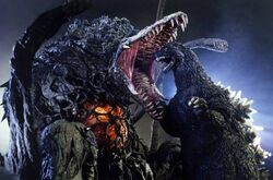 Godzilla battles Biollante on the shore of Wakasa Bay (Godzilla vs. Biollante)
