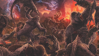 Members of Kong's species battle Skullcrawlers in Skull Island: The Birth of Kong