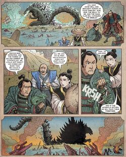 Godzilla laying waste to Hakata Bay in Japan in 1274