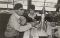 Akira Watanabe and Keiko Sawai with a model of the P-1