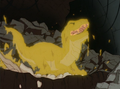 The newly hatched Godzilla covered in amniotic fluid