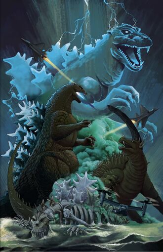 Fanmade poster of Godzilla vs. Ghost Godzilla created by Redditor r/GODZILLA