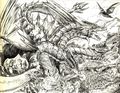 Desghidorah fighting dinosaurs resembling Gorosaurus, Anguirus, and Gomora, with a pterosaur similar to Rodan in the background as well as the silhouette of Kingsaurus III