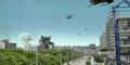 Troydon approaching the city, while helicopters are shooting at him