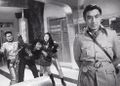 Aoyama (second from left) as Masahiko Shimizu in a production still for Godzilla vs. Mechagodzilla