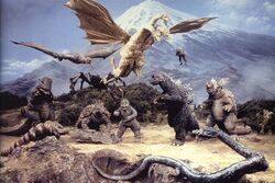 The monsters of Earth face off against King Ghidorah (Destroy All Monsters)