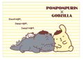 Pompompurin sleeping alongside Godzilla