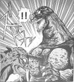 Sea Baragon stabs Godzilla's chest with his horn