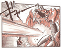 Destoroyah being injured by a direct shot to his open floral pattern from Burning Godzilla's atomic breath in the Rippu Shobo manga adaptation of Godzilla vs. Destoroyah