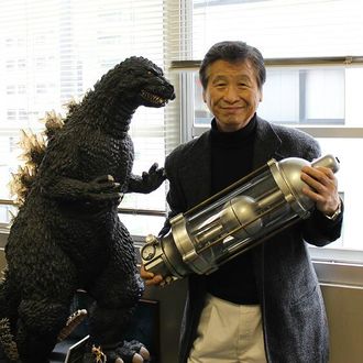 Koichi Kawakita with the Oxygen Destroyer prop and model of Godzilla