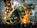 Concept art depicting Godzilla 2000 smashing through a cluster of windows while a terrified crowd flees