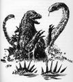 Yellowback (left), Rattler, and Varan surround Godzilla