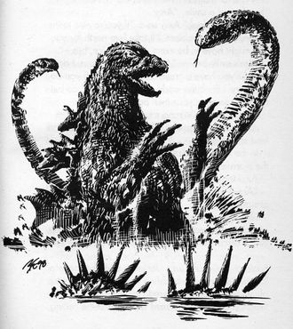 Rattler (right), Yellowback, and Varan surrounding Godzilla in Godzilla: Journey to Monster Island