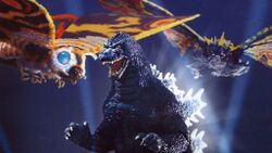Godzilla fights Mothra and Battra (Godzilla vs. Mothra)