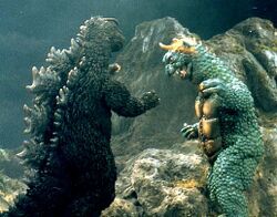 Godzilla confronts Gabara on Monster Island (All Monsters Attack)