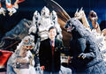 Kawakita with the suits and models for Fire Rodan, Mothra, BabyGodzilla, Super Mechagodzilla, Godzilla and King Ghidorah