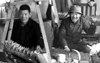 Kanju (left) and Yasuei Yagi (right) during production of Godzilla Raids Again