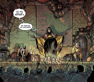 The leader of the Church of Godzilla, Mother A, delivering a sermon