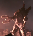 Gigan's head is cut off by his own razor discs