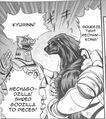 Godzilla being taunted by Mechagodzilla III while being held by Mechani-Kong II