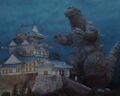 Godzilla approaching Odawara Castle