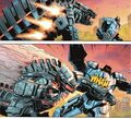 Mechagodzilla landing a jet-boosted punch on the Bat-Mech