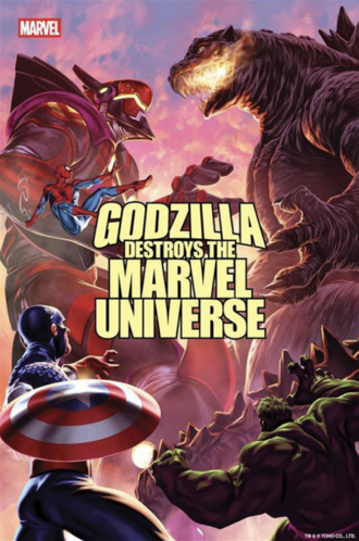 The main cover of Godzilla Destroys the Marvel Universe #5 by Mark Brooks
